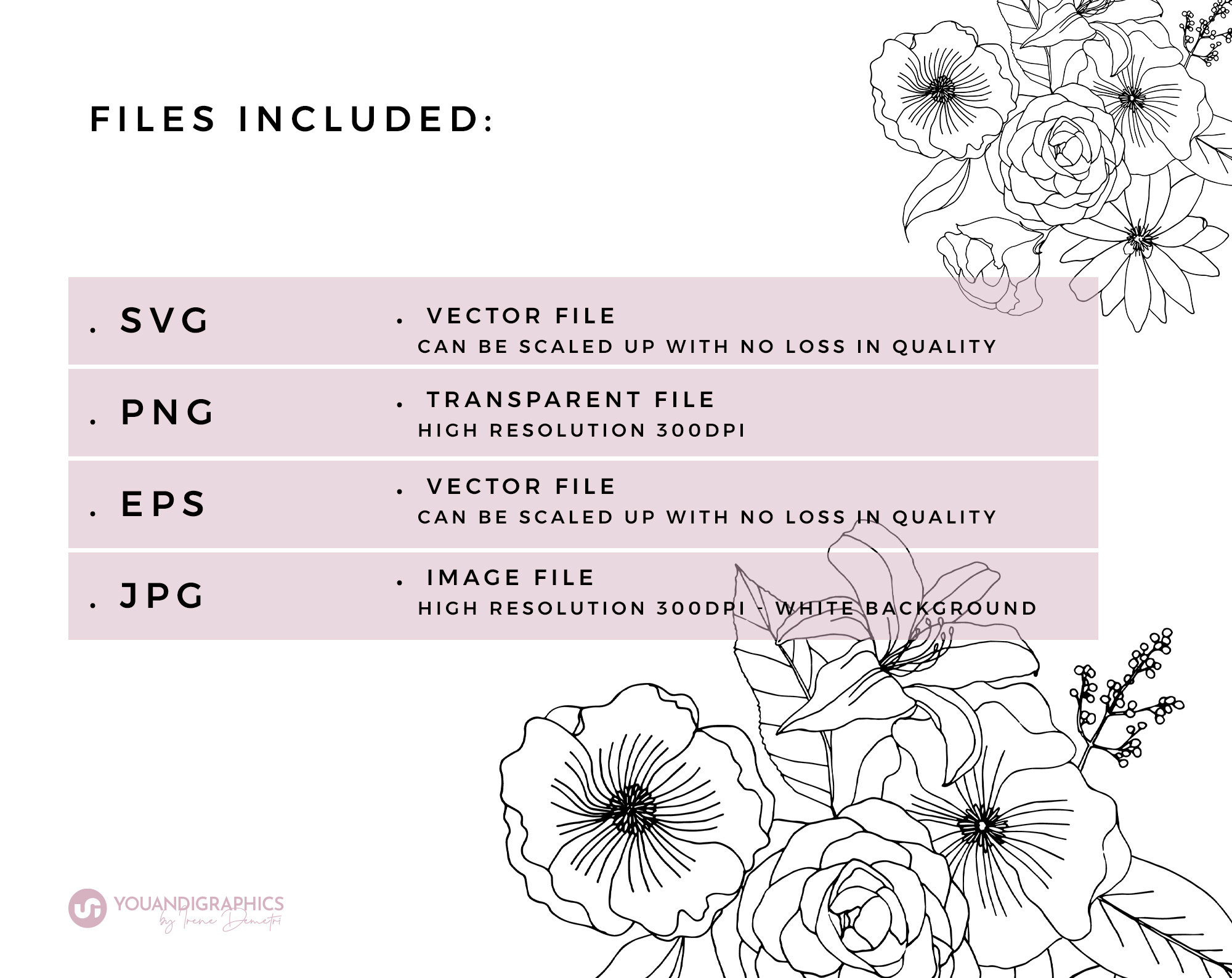 png files Hand drawn flowers composition eps elegant drawing svg jpg Lineart Spring SVG Flowers Bouquet Clipart Illustration