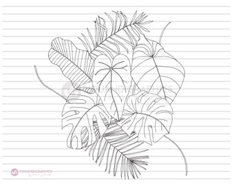 Tropical Leaves SVG Clipart Composition, Hand drawn palm leaf, monstera, banana leaf illustration, Lineart, drawing svg, eps, jpg, png files
