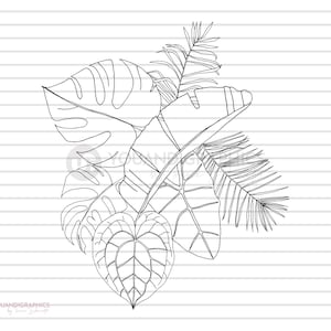 Tropical Leaves SVG Illustration Clipart, Hand drawn palm leaf, monstera, banana leaf Composition, Lineart, drawing svg, eps, jpg, png files