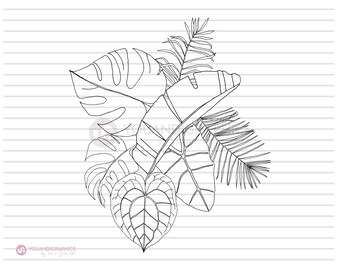 Tropical Leaf Line Art Illustration, Palm, Monstera, Banana (Digital Download)