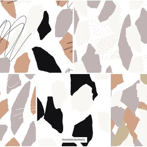 May include: Six different seamless patterns featuring abstract shapes in black, white, beige, brown, and gray. The patterns are arranged in a grid.