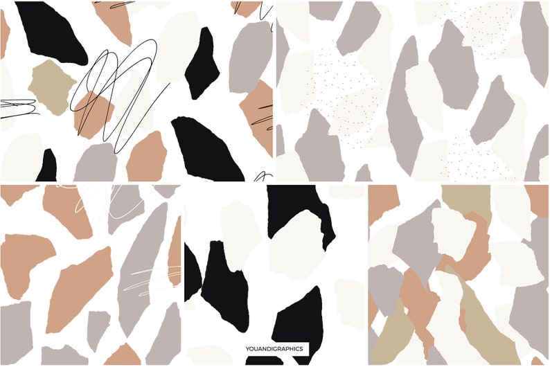 May include: Six different seamless patterns featuring abstract shapes in black, white, beige, brown, and gray. The patterns are arranged in a grid.