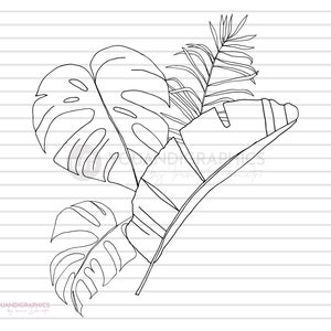 Tropical Leaves SVG Clipart Illustration, Hand drawn palm leaf, monstera, banana leaf composition, Lineart, drawing svg, eps, jpg, png files