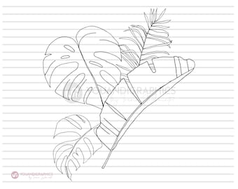 Tropical Leaves SVG Clipart Illustration, Hand drawn palm leaf, monstera, banana leaf composition, Lineart, drawing svg, eps, jpg, png files