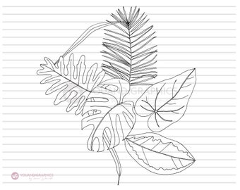 Tropical Composition SVG Illustration Clipart, Hand drawn palm leaf, monstera, banana leaf, Lineart, drawing svg, eps, jpg, png files