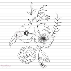 Fleurs Bouquet SVG Clip Art Illustration, Fleurs dessinées à la main Composition, dessin au trait, svg, eps, jpg, fichiers png
