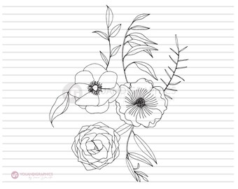 May include: A black and white line drawing of a floral bouquet with three flowers and leaves. The flowers are stylised and have a simple design.