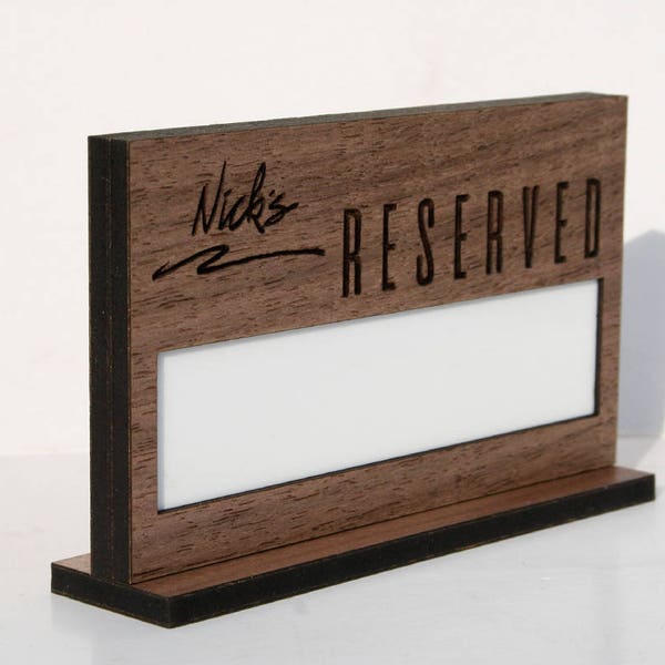 White Board and Wood Table Reserved Sign. Rustic or modern, this natural wood reserved sign brings a touch of class to your restaurant decor