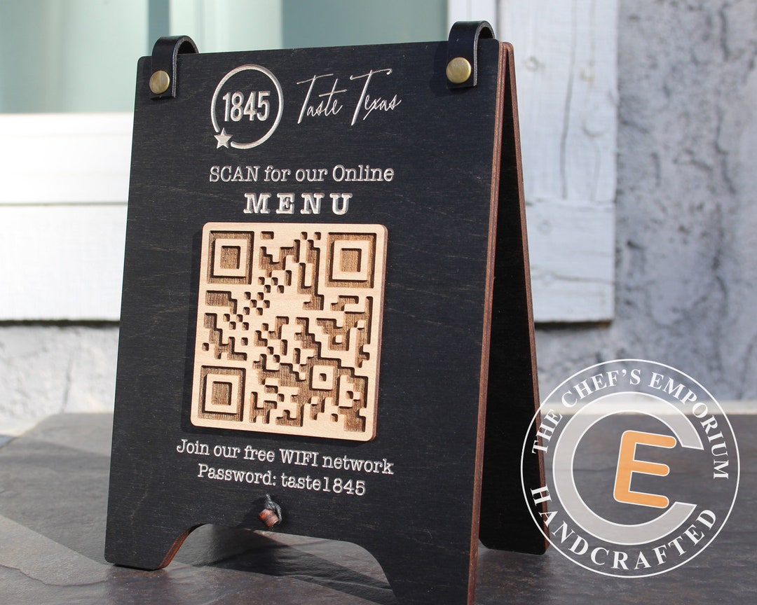 Table Sign QR Code SCAN for MENU Custom Engraved Wooden Restaurant