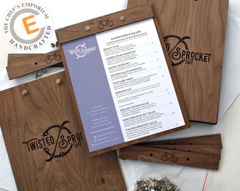 Menu Holder | Rich, Beautiful Walnut Wood Menu Board | Customized for your Restaurant or Home Wet Bar | Letter or A4