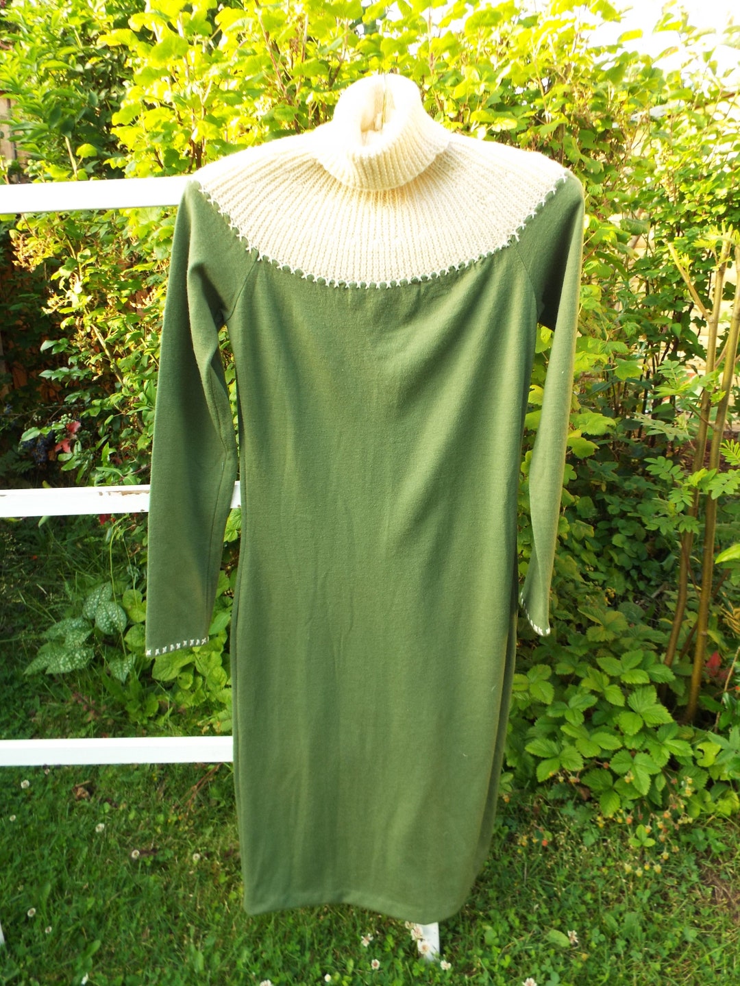 Vintage Green and Cream Wool Dress Wool Jersey Dress Knitted Wool Dress Green Winter Dress