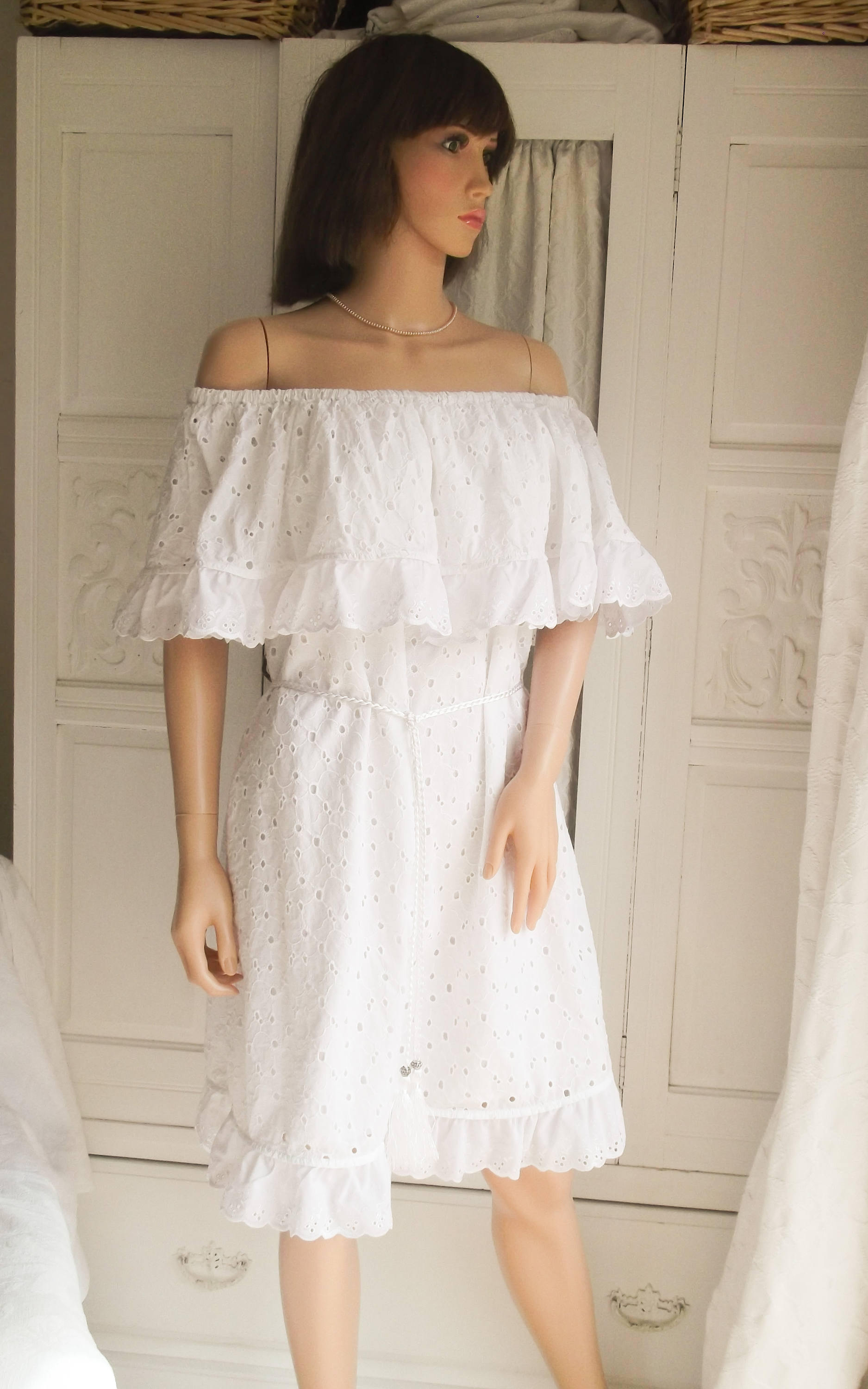 Image of New White Cotton Lace Dress Summer Prairie Boho Wedding Off The Shoulder Uk
