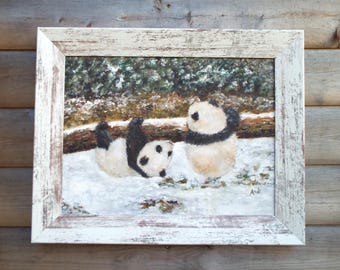 Panda cubs painting Baby pandas painting Framed original painting Wildlife painting Original Framed Pandas in snow painting Andi J Lucas