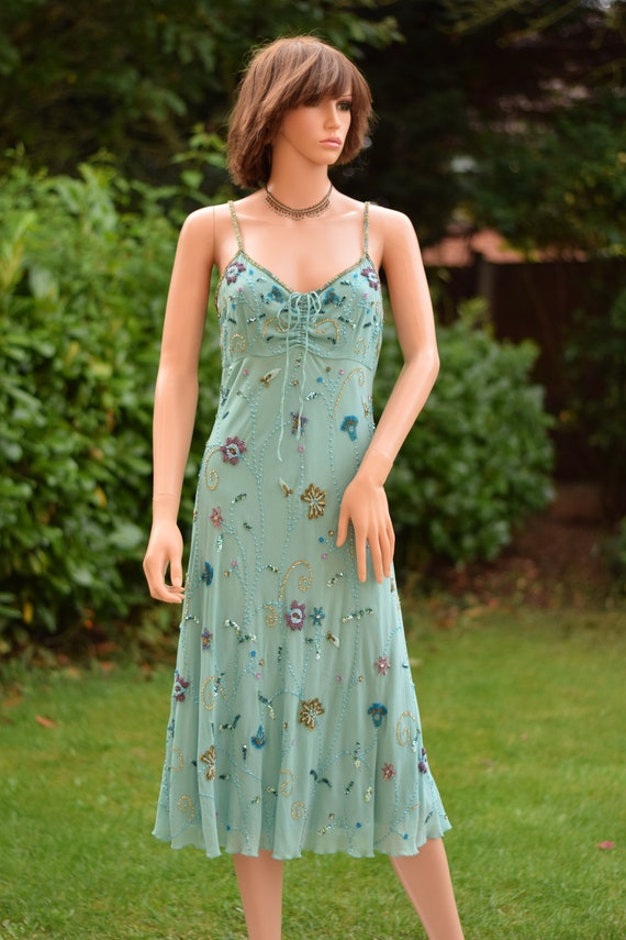 Robins egg glass beaded floral sequin chiffon dres