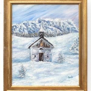 Alpine church painting Winter oil painting Framed Mountain Landscape Snow scene Original impressionist oil painting  Andi J Lucas
