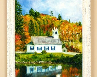 Vermont Church Autumn Mountain Landscape Original impressionist oil painting modern art framed Landscape oil painting  Andi J Lucas
