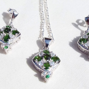 Solid 925 silver Faceted green Russian chrome diopside and cubic zirconia Pendant Necklace & matching earrings 20&quot; chain Fine silver Jewelry