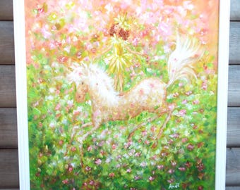 Large Original framed impressionist painting Fantasy art Fairy and white horse painting Woodland fairy painting White horse Andi J Lucas