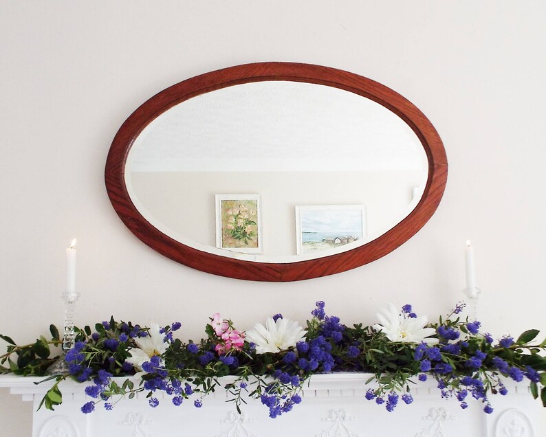 Antique Mirror Vintage Oval Bevelled Edge Large Oak Wooden Framed M212