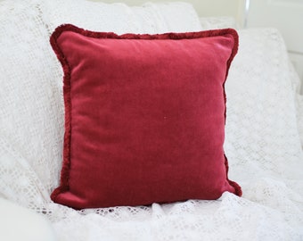 Vintage Dark Red Velvet Cushion Cover 1930's Velvet Pillow Case Damask Throw Pillow Cover Cotton Damask Velvet Cushion