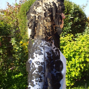 Victorian black  silk lace stole Antique black lace mantilla Long floral black lace scarf Long silky lace mantilla