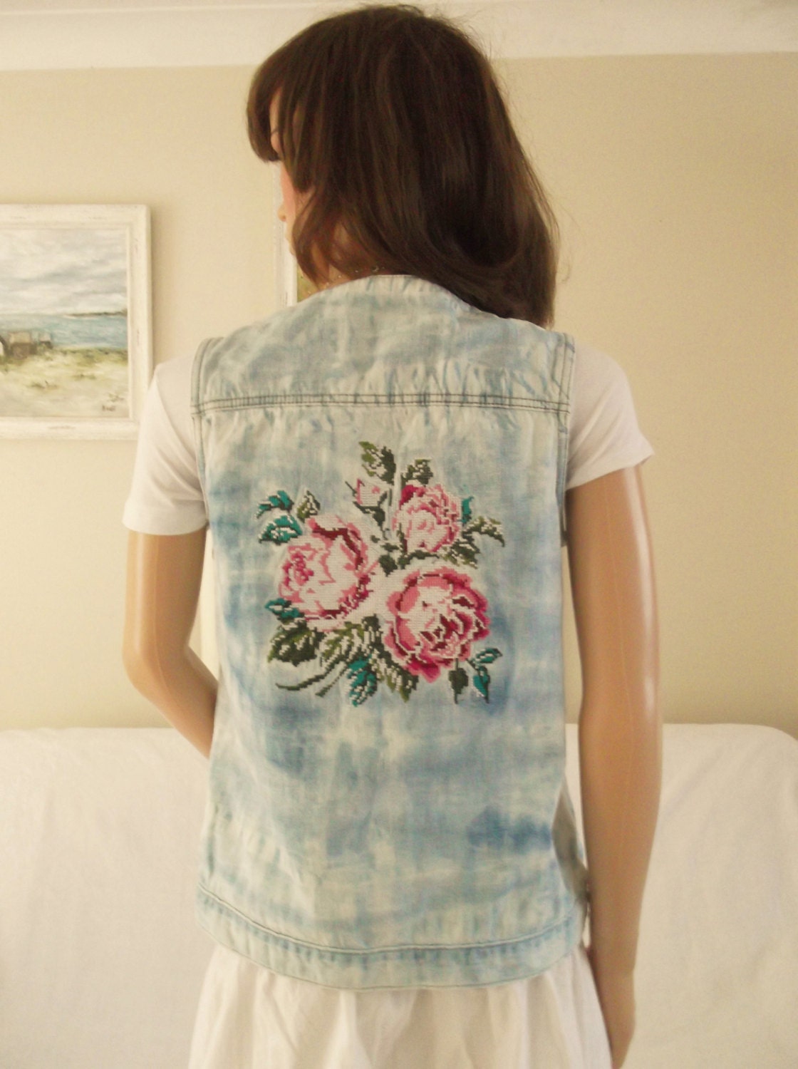 Image of Bleached Tie Dye Denim Waistcoat Embroidered Roses Vest Boho Tie
