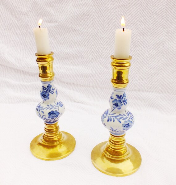 Pair of brass and ceramic candlesticks Delft and brass Etsy