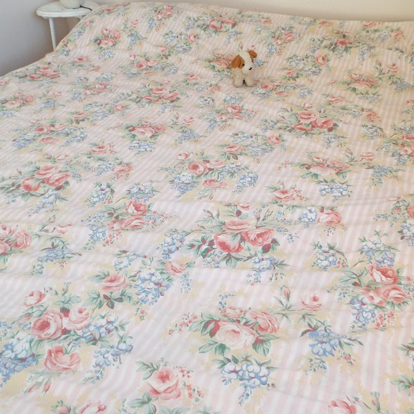 Horrockses vintage King size roses duvet cover Rose floral duvet cover  Pale Pink roses Candy stripe duvet cover 86"Wx86"L