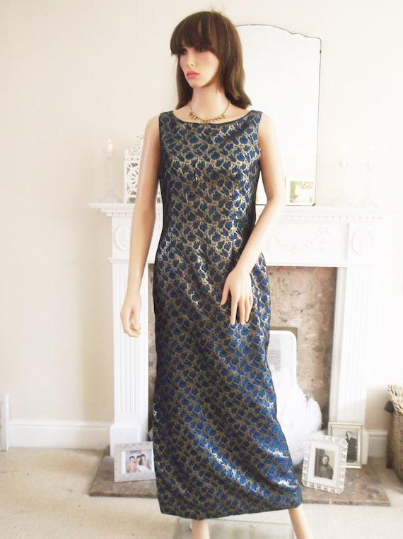Vintage Original 50s Teal and Gold floral evening