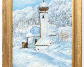 オリジナルの油絵。そりに乗った子供たちと冬の風景。ロシア印象派。村