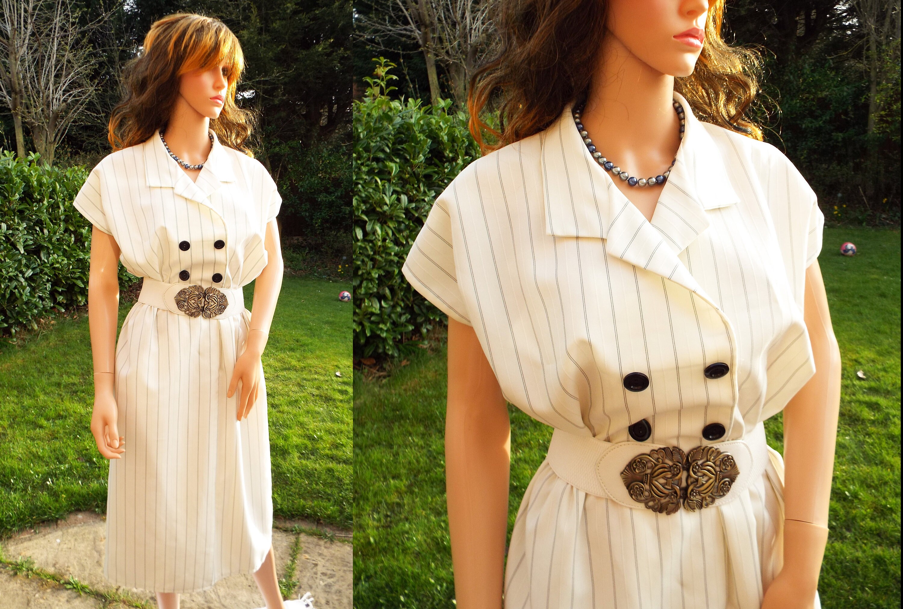 Image of Cream Pinstripe S Dress Secretary Shirt Midi Party Wedding Nautical Day Uk