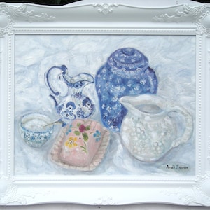 Original oil painting Framed oil painting Still life oil painting Blue white pottery painting French impressionist oil painting Original art