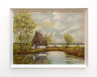 Original Ölgemälde Vintage Ölgemälde Reetgedeckte Cottage Landschaftsmalerei Vintage englische Landschaftsmalerei