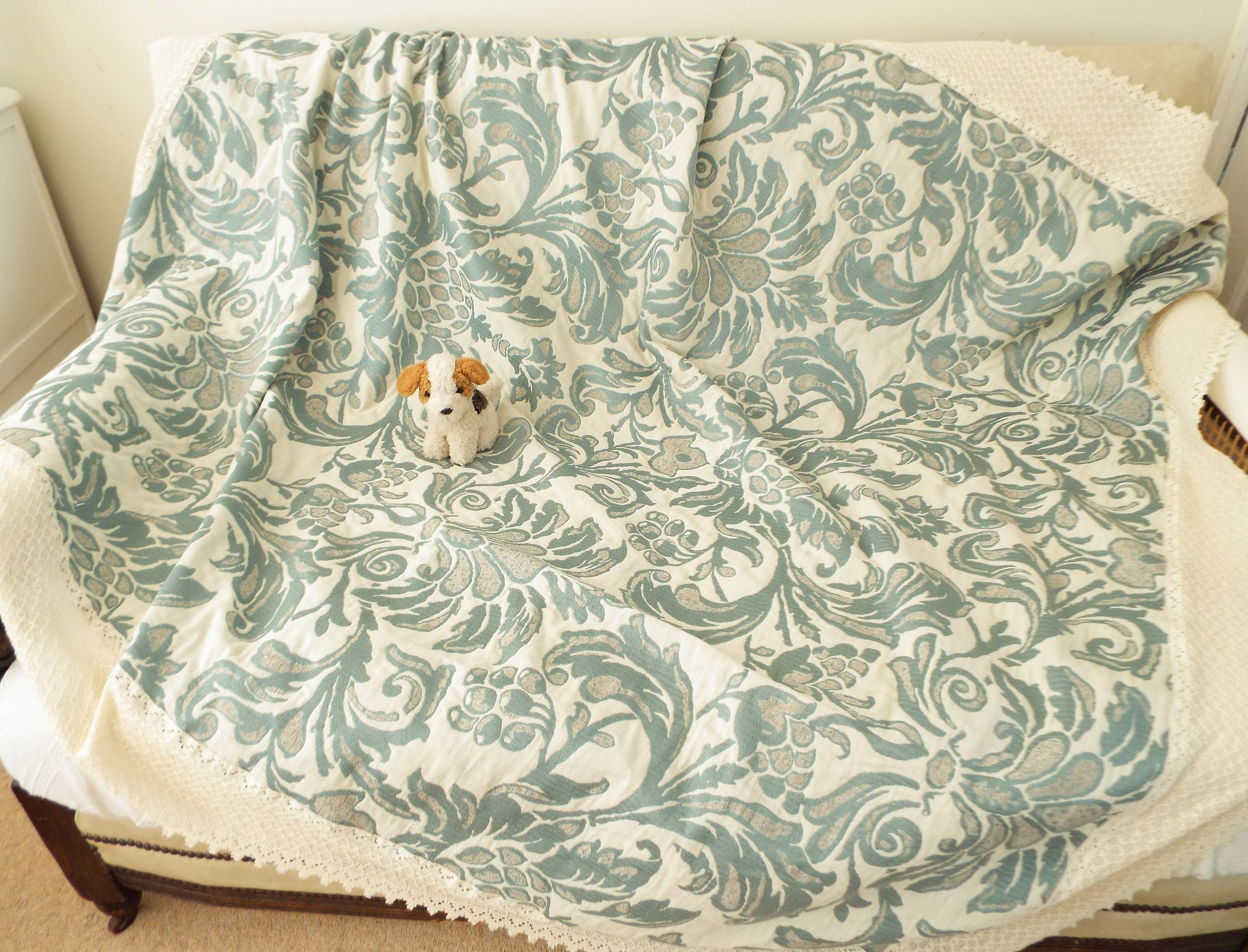 New French jacquard throw Heavy grey green lace edge throw Etsy