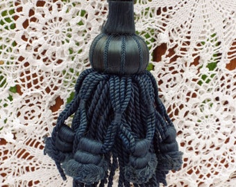 Vintage French passementerie Curtain tie back vintage decor Shabby chic decor Paris bourgeoise home Downton Abbey ring pull Dark bue
