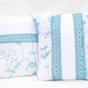 Pair of Vintage Floral Cushions Blue White Pink Pillows Lace Throw Pillows Vintage Pillow Covers 2 Floral Turquoise Handmade Cushion