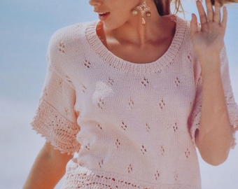 PDF womens lacy edged short sleeve top sweater vintage knitting pattern pdf INSTANT download pattern only pdf 1990s English only