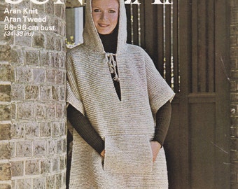 Womens hooded poncho pdf pattern cover up adult women's vintage aran knitting pdf INSTANT download pattern only pdf 1970s English only