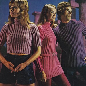 May include: Three people wearing ribbed knit sweaters in different colors. The person on the left is wearing a short-sleeved, light purple sweater with a black skirt. The person in the middle is wearing a long-sleeved, pink sweater with a brown belt. The person on the right is wearing a long-sleeved, purple sweater with blue jeans.