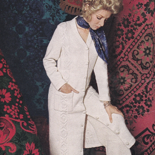 Womens aran midi coat vintage UK knitting pattern pdf INSTANT download pdf 1970s COAT pattern only, no trouser pattern included English only