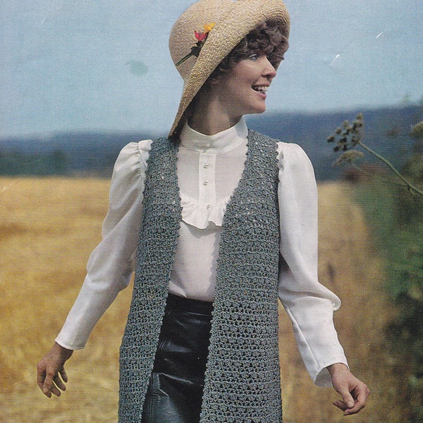 Gilet sans manches pour femme, motif au crochet vintage, veste au crochet, modèle à téléchargement instantané uniquement, gilet de 34 à 40 pouces, en anglais uniquement