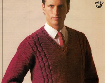 Men's easy knit v neck cable sweater vintage UK knitting pattern pdf INSTANT download men's jumper pattern 34 - 44 inches in English only