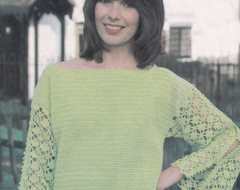 Womens crochet blouse vintage crochet pattern top long sleeve drawstring pdf INSTANT download pattern only English only