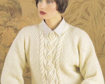 Women's aran crew neck jumper pattern vintage knitting pattern pdf INSTANT download pattern only pdf 1980s KIDS SIZES English only