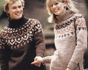 His hers polo neck nordic look jumper vintage UK knitting pattern pdf INSTANT download sweater pattern only pdf