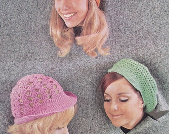 Modèle de bonnet au crochet PDF, bonnet au crochet, plus chapeaux au crochet Modèle à téléchargement instantané uniquement, modèle pour femmes des années 1960, en anglais uniquement