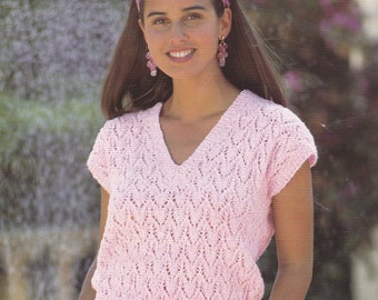 PDF lady's lacy look short sleeve top sweater vintage UK knitting pattern pdf INSTANT download English only pattern only pdf