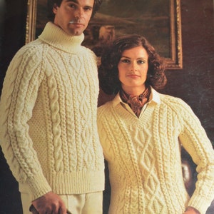 Mens womens aran cable sweater vintage UK knitting pattern pdf INSTANT download pattern only sizes in description English only