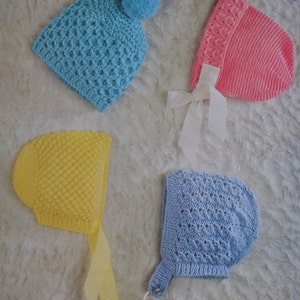 PDF baby hats pattern bonnets caps from 1970s vintage knitting pattern pdf INSTANT download four designs pattern only hats English only