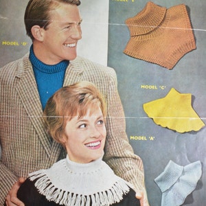 May include: A couple poses for a photo while wearing knitted neck warmers. The woman is wearing a white neck warmer with fringe and the man is wearing a blue turtleneck sweater. The image shows five different neck warmer styles labeled 'A' through 'E'.